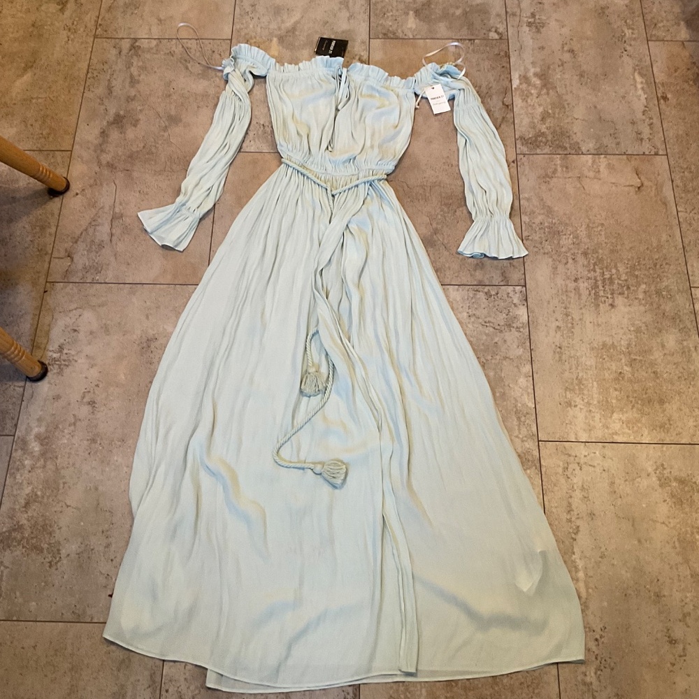 Forever 21 Long Sleeve Sheer Off The Shoulder Dress Sea Foam Green Gown Sz XS - Picture 6 of 13